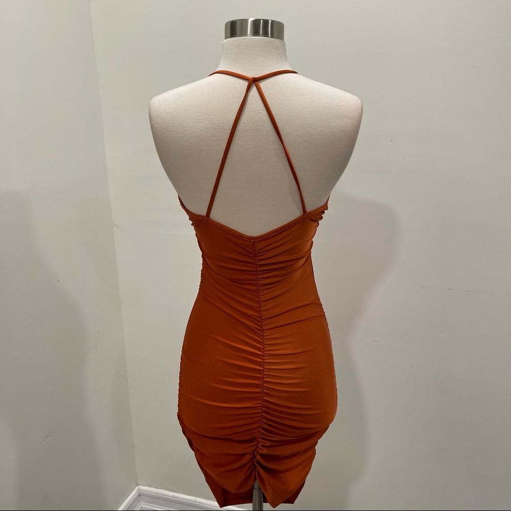Rust Colored Ruched Mini Dress - Picture 4 of 6